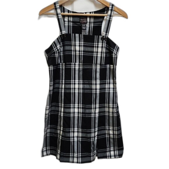 Tracy Evans Dress Women 9 Black White Plaid Sleeveless Pleated Zip Preppy School - Picture 1 of 12